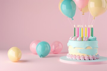 A pastel-colored birthday cake with candles, surrounded by balloons on the right side of an empty light pink background festive scene for celebration or special events Generative AI