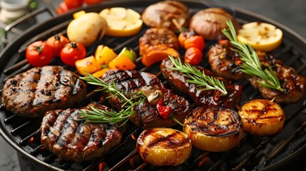 A grill full of meat and vegetables, including onions, tomatoes, and mushrooms