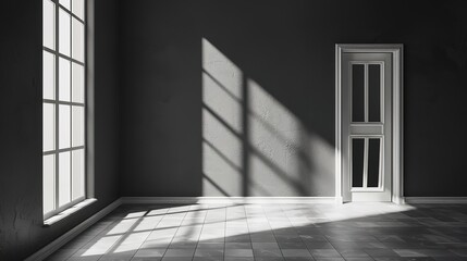 grey shadow studio showcase, shadow sunshine and sunbeam reflection on black and white empty room studio