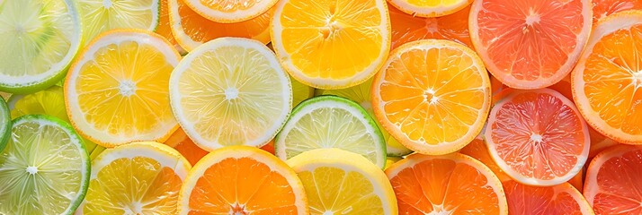 Citrus fruit background, sliced oranges, lemons, limes, and grapefruits arranged in a colorful pattern