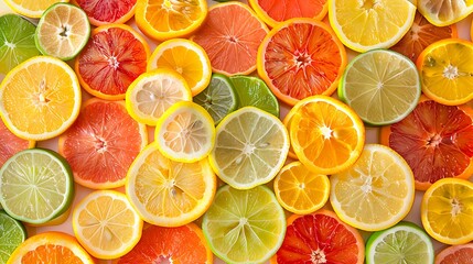 Citrus fruit background, sliced oranges, lemons, limes, and grapefruits arranged in a colorful...