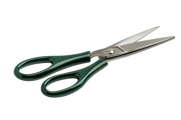 Obraz premium Sharp Stainless Steel Scissors Isolated on a White Background with Glossy Green Handles