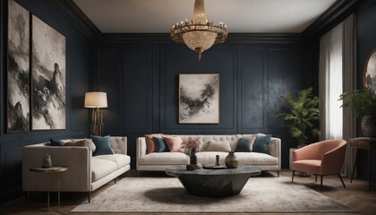 A luxurious living room with dusty rose sofa and intricate lighting