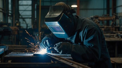 Welding technician wearing full protective gear operating robotic welding system and managing high heat metal joining process