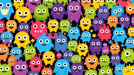 Many colorful cartoon monsters with big smiles, perfect for childrens books, merchandise, educational material, and Halloween designs. Happy monsters, 4