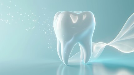 White healthy 3d tooth on light blue background with empty space. Dental care and oral hygiene concept