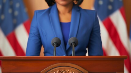 Unrecognizable woman in suit giving speech on backdrop of the USA flag, cropped. Concept of politics and presidential election