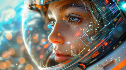Close-up of an Astronaut's Face Inside a Helmet with Futuristic HUD