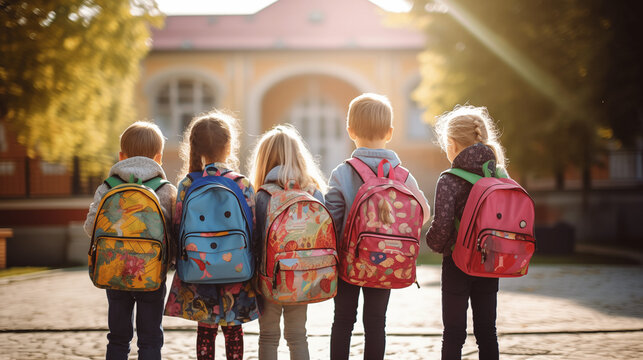 Groupe de jeunes enfants de dos avec un cartable sur le dos, face &agrave; un b&acirc;timent scolaire, une &eacute;cole. &Eacute;tudiants, enfants. Rentr&eacute;e scolaire, rentr&eacute;e des classes. Pour conception et cr&eacute;ation graphique. 
