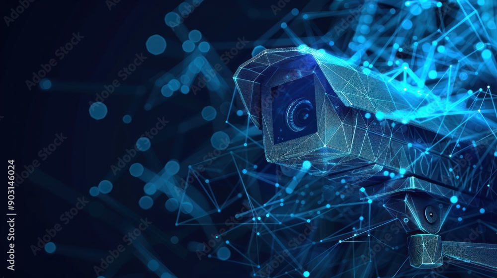 Aufkleber a security camera composed of glowing blue lines and points