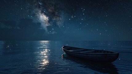 A lone wooden boat floating on a calm ocean under a starry night sky.