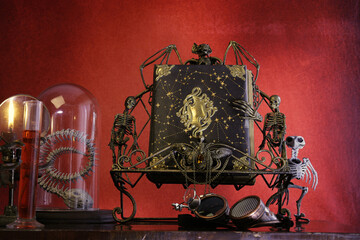 Astrologia, libro dei segni zodiacali con animali  sopra un tavolo di legno