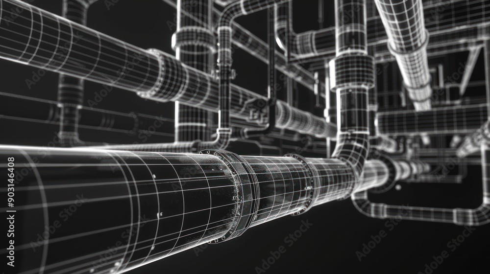 Poster wireframe representation of interconnected pipes