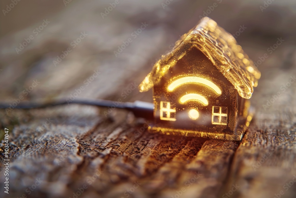 Poster miniature house with glowing wi fi symbol in a natural setting representing digital connectivity and
