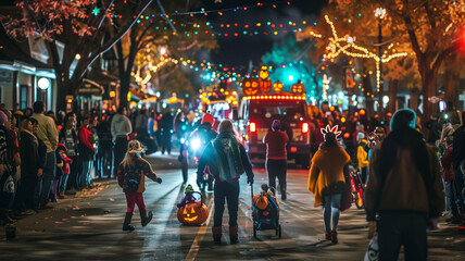 A bustling Halloween parade with people in costumes, floats, and festive lights, capturing the excitement and fun of the holiday
