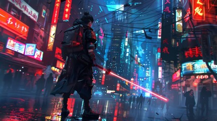 Obraz premium A cyberpunk warrior stands in a vibrant, neon-lit city, capturing the essence of a futuristic world.