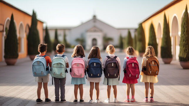 Groupe de jeunes enfants de dos avec un cartable sur le dos, face &agrave; un b&acirc;timent scolaire, une &eacute;cole. &Eacute;tudiants, enfants. Rentr&eacute;e scolaire, rentr&eacute;e des classes. Pour conception et cr&eacute;ation graphique. 