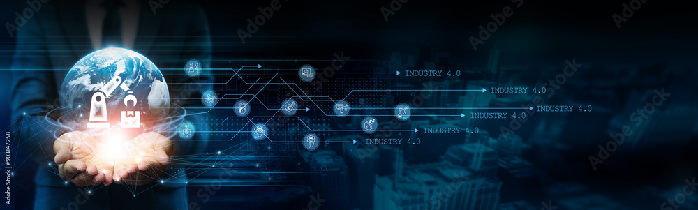 Poster the businessman holds a global industry 4.0 sphere, symbolizing a network connected to advanced manu