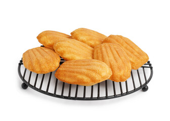 Grid with tasty Madeleine cookies on white background