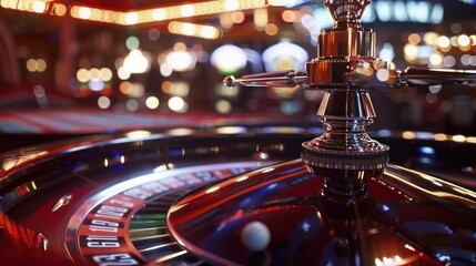 Close-up of a Roulette Wheel with a Blurry Background of Casino Lights