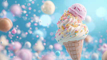 A close-up of a cone with scoops of ice cream, topped with colorful sprinkles against a vibrant blue background.