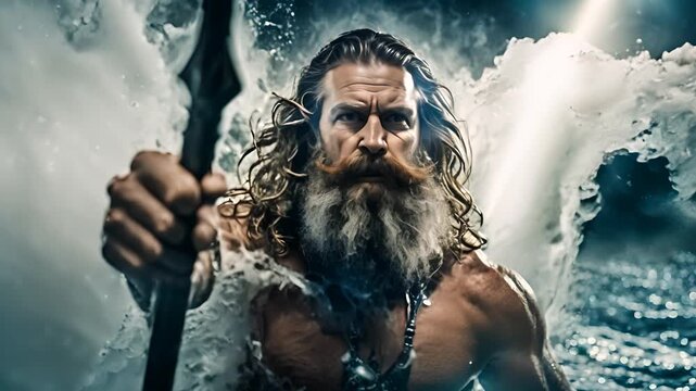 Poseidon close-up, splashing water, ray of light, Greek mythology
