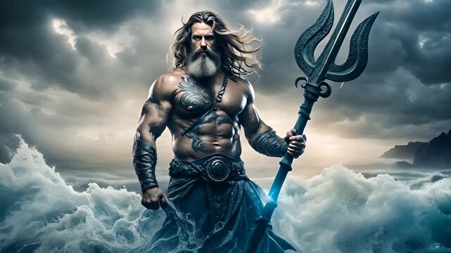 Poseidon God of the seas, water splashes, Greek mythology