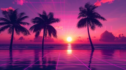 Vibrant Neon Sunset with Palm Trees.