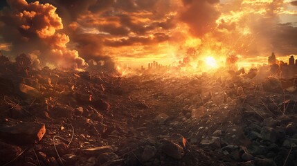 Post-apocalyptic landscape with an explosion and city ruins in the background under a fiery sky.