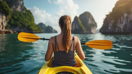 Woman Kayaking in a Scenic Bay with Lush Green Mountains