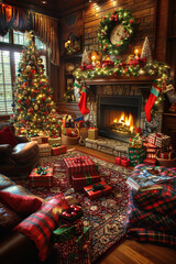 Fototapeta premium Decorated Living Room With Christmas Tree, Fireplace, and Gifts