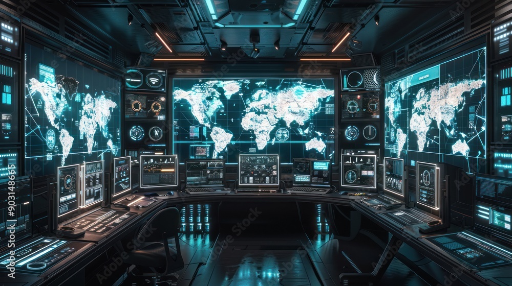 Poster futuristic control room with world map and monitors