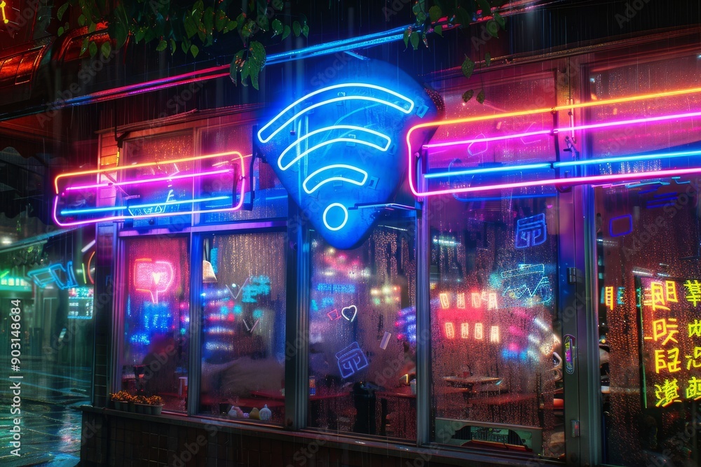 Poster neon wi fi symbol in a busy urban setting representing digital connectivity and modern communication