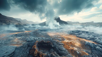 Dramatic volcanic landscape with steaming vents and rugged terrain, otherworldly view 