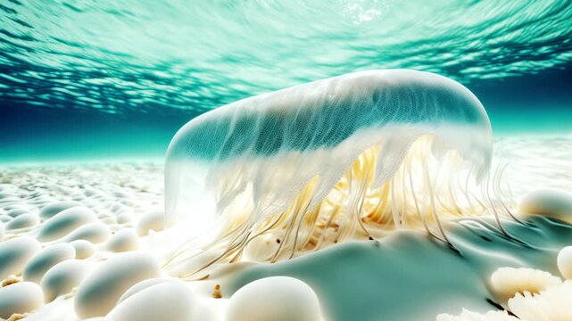 Upside-Down Jellyfish on the Ocean Floor: Close-Up View of a Translucent Jellyfish in a Turquoise Sea. Marine Biology, Nature Concept. Underwater Wonder & Marine Life
