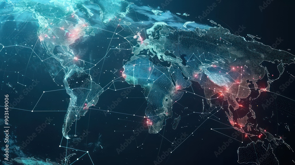 Poster A Digital World Map With Connecting Lines and Glowing Points