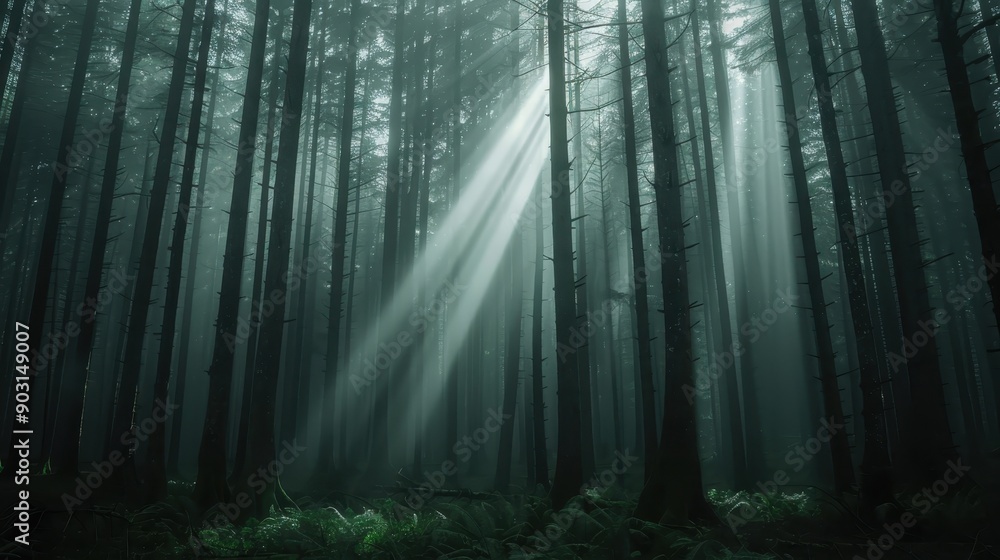 Poster rays of sunlight filter through tall, dense trees in a tranquil, misty forest, creating a calming am
