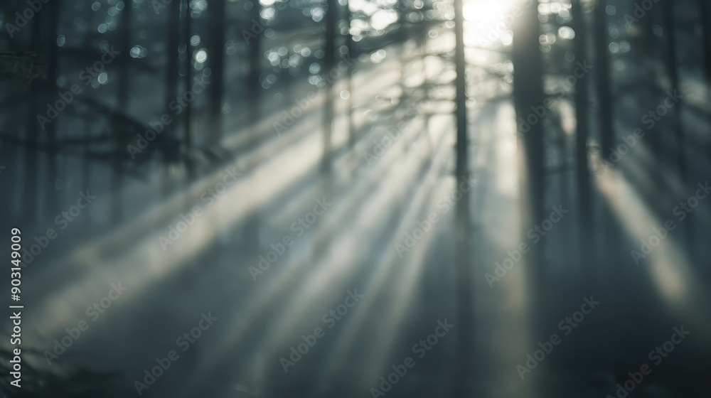 Poster sunlight beams pierce through the fog in a dense forest, creating a mystical and serene atmosphere a