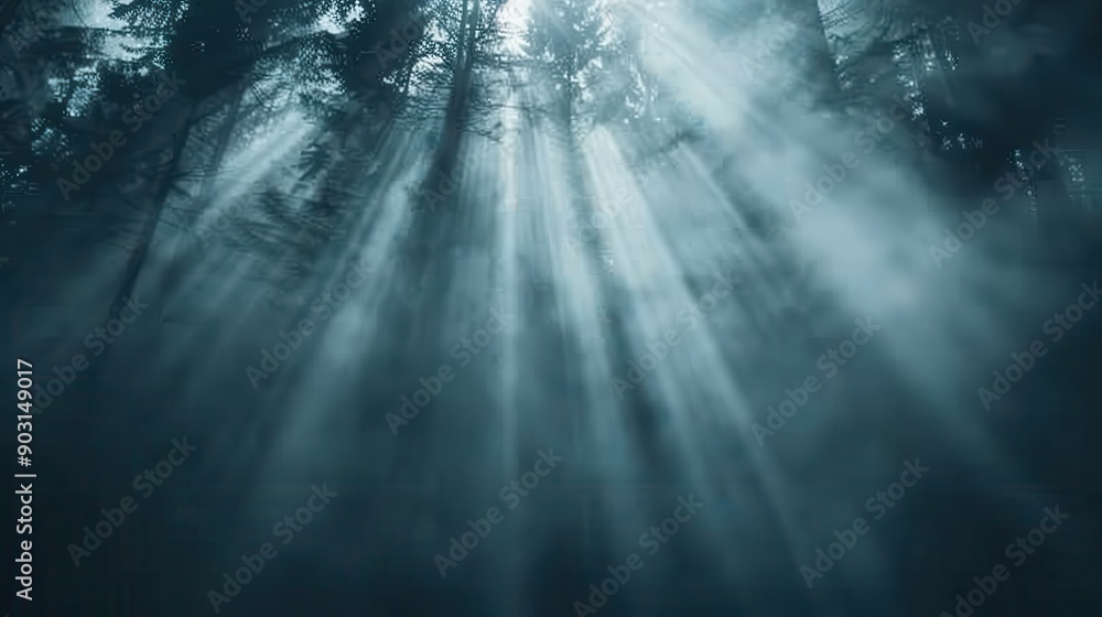 Poster bright beams of sunlight stream through the dark forest, illuminating the fog with a mystical and et