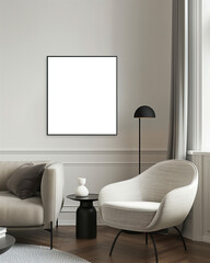 Black frame mockup | modern Scandinavian living room | neutral beige sofa | stylish white armchair | 