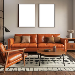 Frame mockup above orange leather sofa | Modern living room with geometric rug and wooden coffee table | Floor lamp and decor elements in background