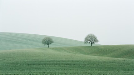 Two Trees on a Rolling Green Hill in Foggy Weather