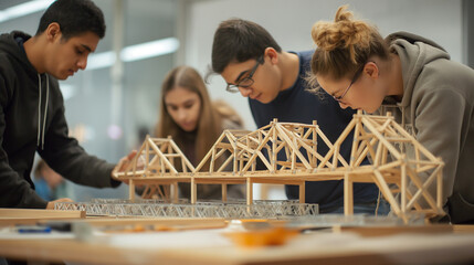 An exercise where teams build bridges with materials, focusing on engineering and collaboration, upper third copy space. Creation, Support, Responsibility