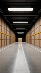 An industrial-style warehouse filled with cargo, emphasizing transport safety protocols, with copy space, high-resolution photo, realistic photo