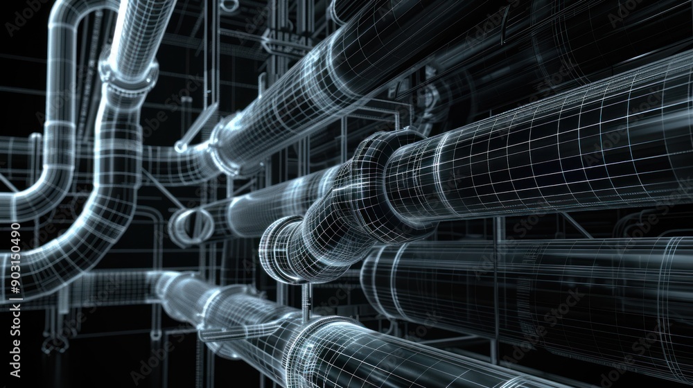 Poster wireframe representation of industrial piping system