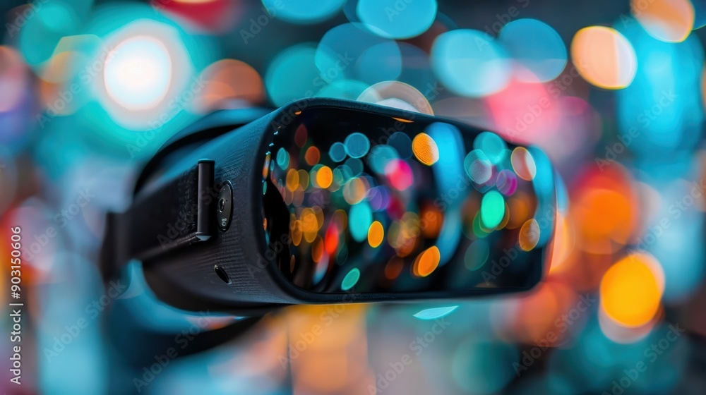 Poster a close-up view of a virtual reality (vr) headset reflecting colorful bokeh lights, symbolizing cutt