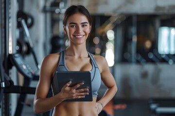 Fototapeta premium A fit muscular female personal trainer smiling at the camera in a gym, close up