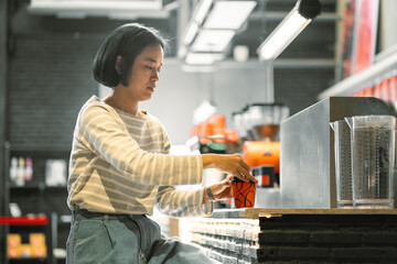 Your fresh coffee is ready! , Image of woman drinking hot coffee sitting in chair of coffee shop.