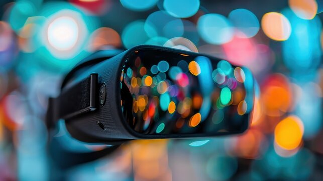 A close-up view of a virtual reality (VR) headset reflecting colorful bokeh lights, symbolizing cutting-edge technology and the limitless possibilities of virtual worlds.