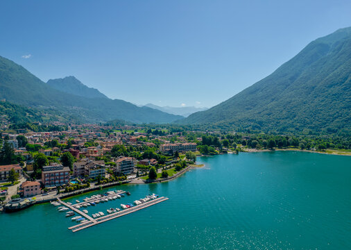 Porlezza town, Lugano Lake. Aerial panoramic photo of town in Lugano Lake between Switzerland and Lombardy, Italy